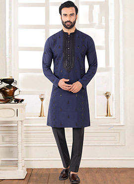 Regal Navy Blue Rayon Embroidered Sequins Thread Kurta Pyjama