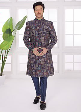 Regal Navy Blue Silk Zari Embroidered Sequins Indowestern Sherwani
