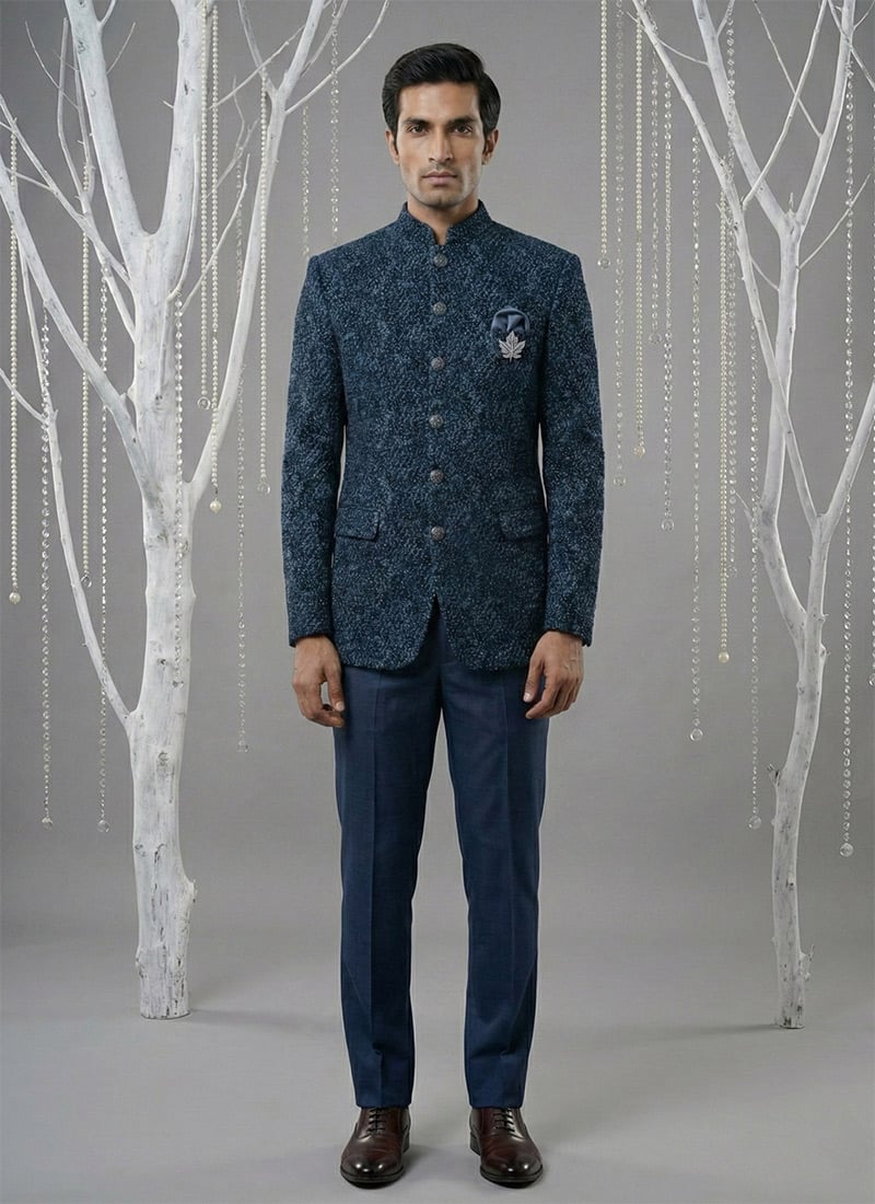 Regal Navy Blue Velvet Sequins Embroidered Thread Bandhgala Suit Wedding Wear