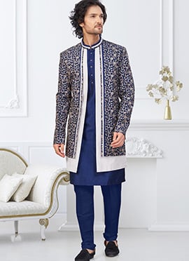 Regal Nevy Blue And White Jackard Banarasi Silk Stones Zari Indowestern Sherwani