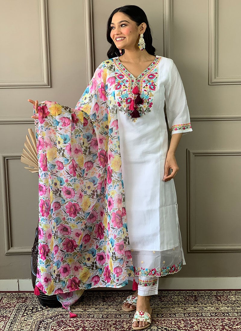 Regal Off White Chanderi Embroidered Printed Straight Pant Suit Festive Wear