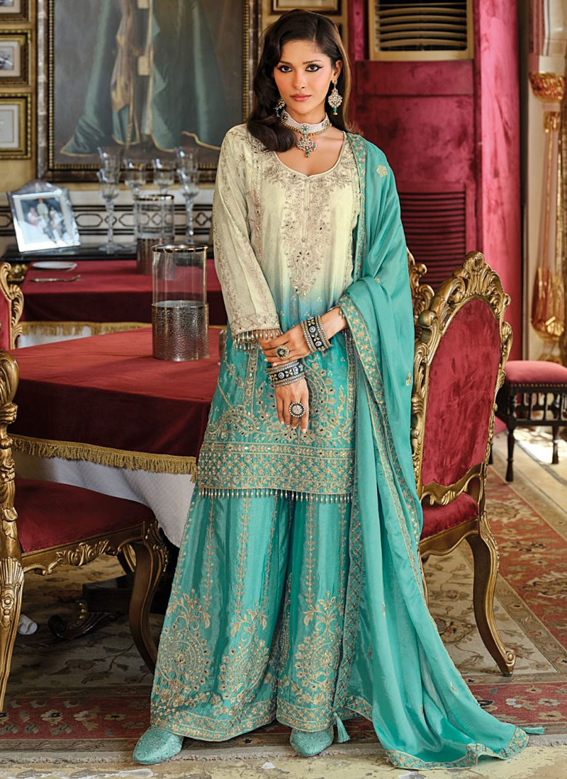 Regal Off White Chinon Mirror Work Pakistani Palazzo Suit Festive Wear