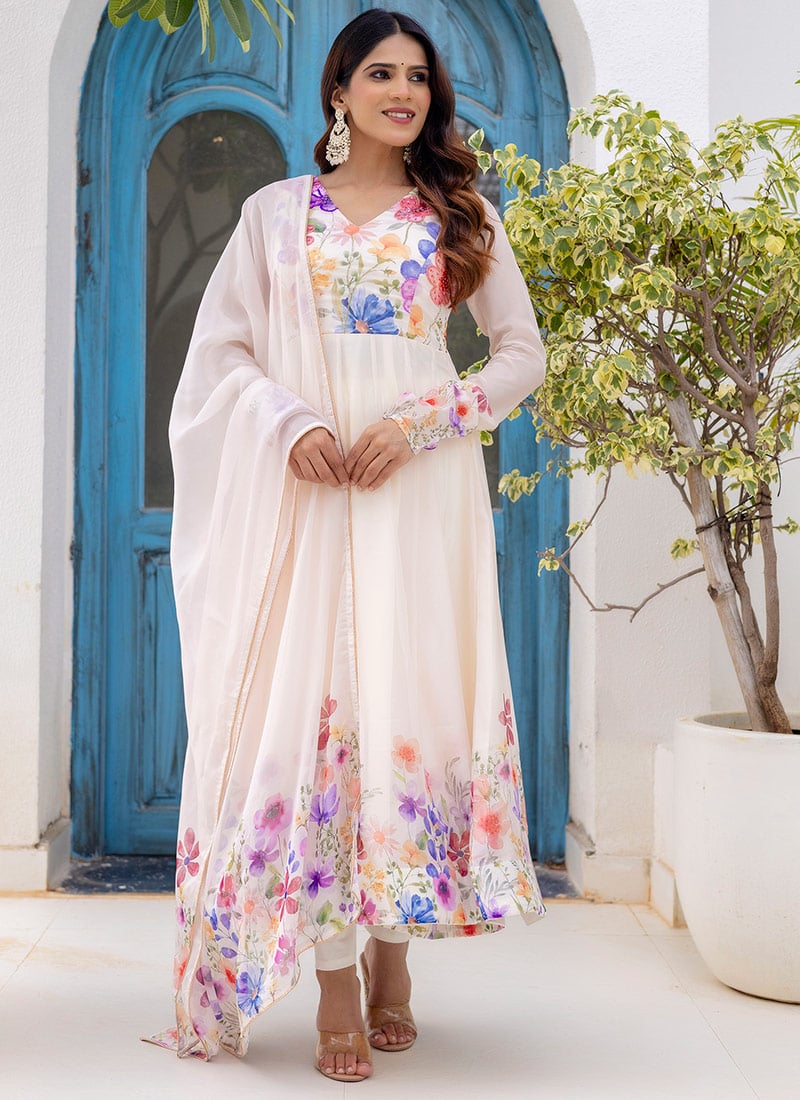 Regal Off White Organza Hand Embroidered Cutdana Anarkali Suit Festive Wear