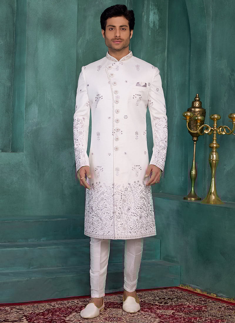 Regal Off White Silk Sequins Embroidered Indowestern Sherwani Wedding Wear
