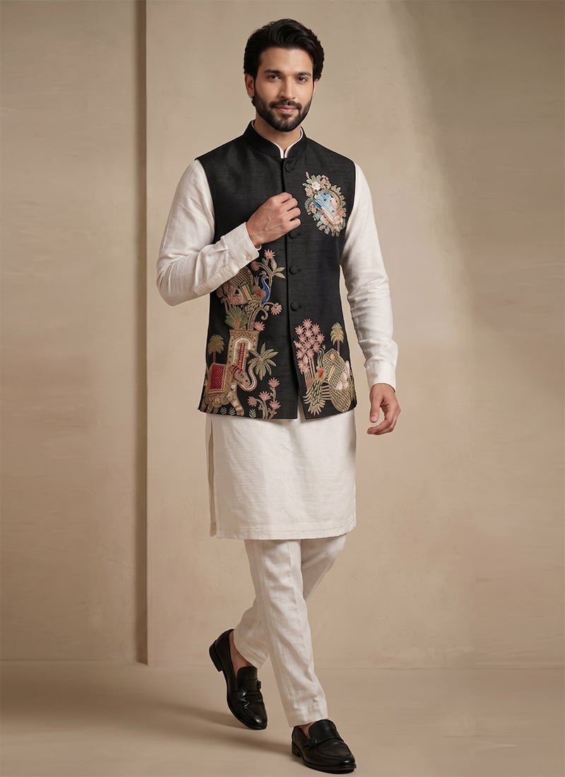 Regal Off White Viscose With Embroidered Waist Coat Kurta Pyjama Set Festive Wear