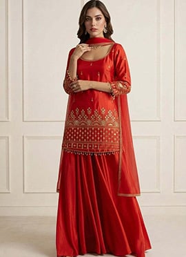 Regal Orange Art Silk Embroidered Sharara Suit