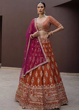 Regal Orange Bridal Lehenga Set With Dual Dupatta And Zari Hand Embroidery