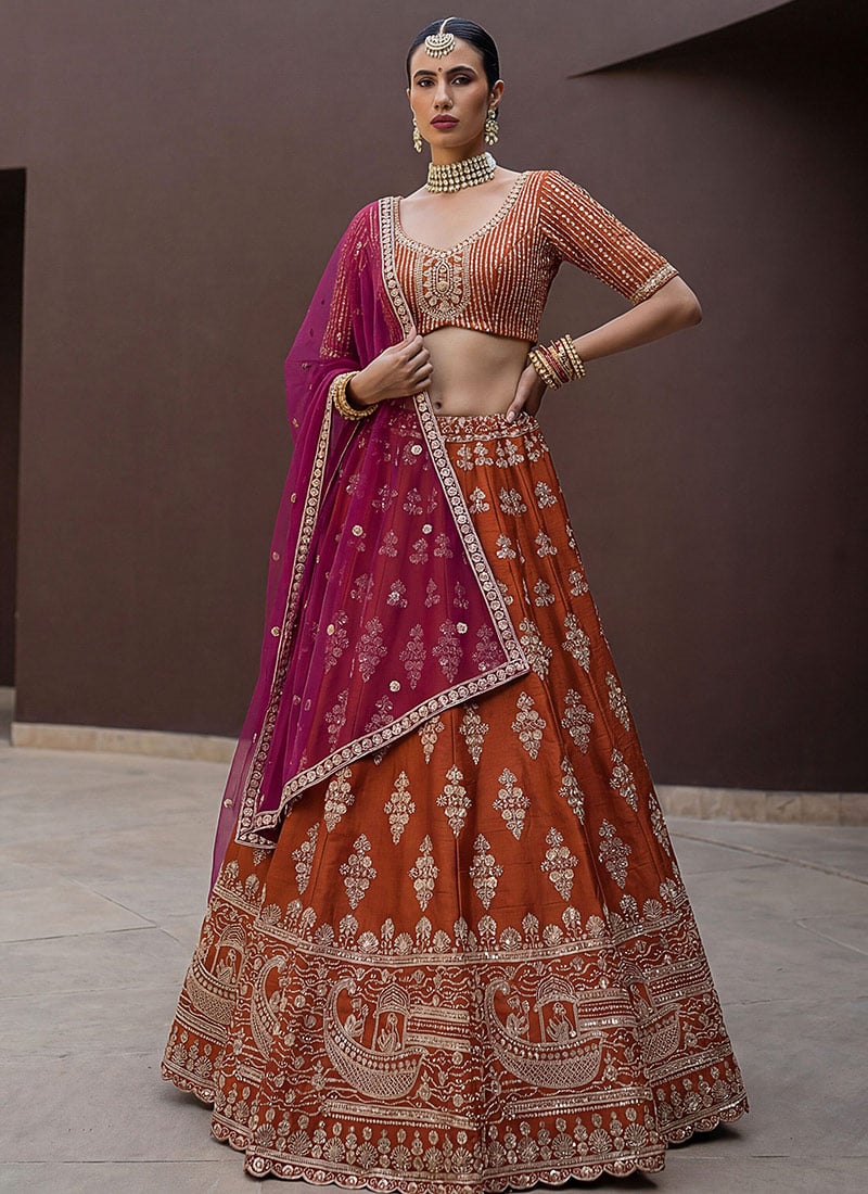 Regal Orange Bridal Lehenga Set With Dual Dupatta And Zari Hand Embroidery Wedding Wear