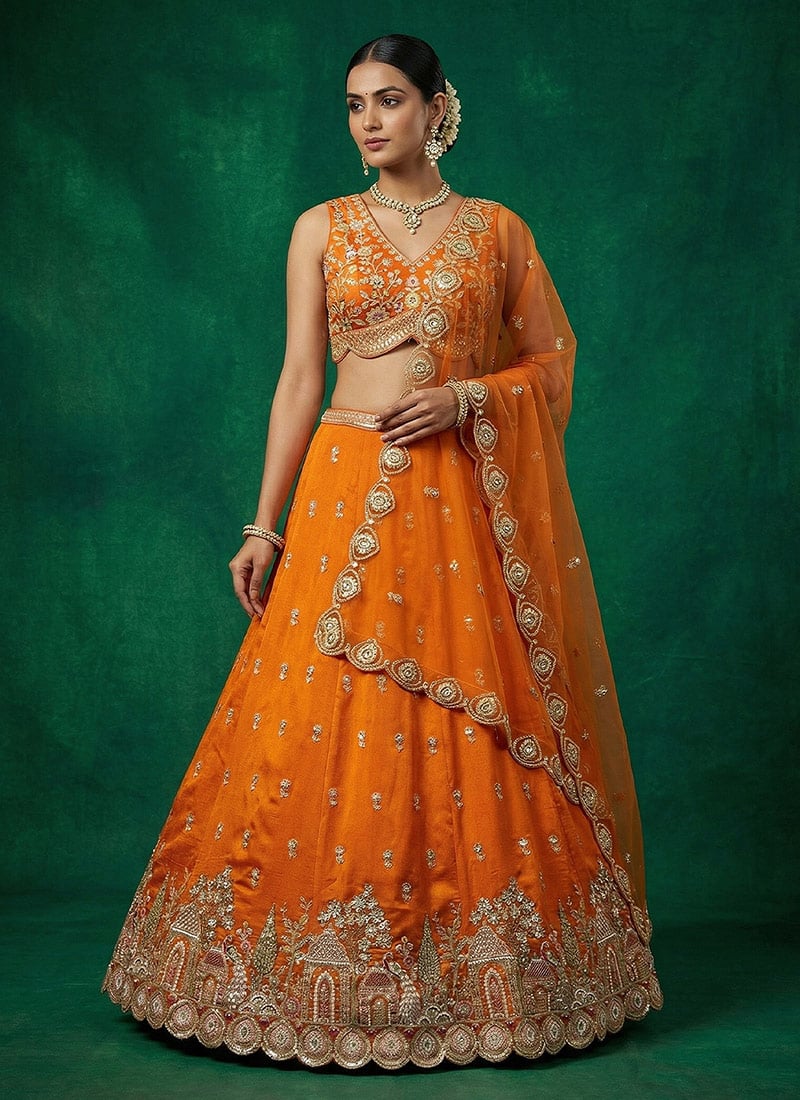 Regal Orange Chinnon Embroidered Umbrella Lehenga Wedding Wear
