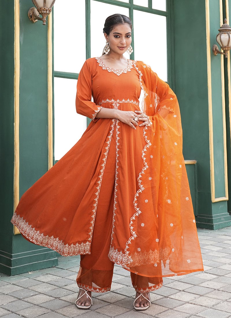 Regal Orange Silk Cotton Embroidered Sequins Palazzo Suit Festive Wear