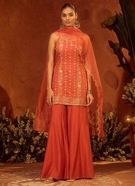 Regal Orange Viscose Chanderi Embroidered Sequins Palazzo Suit