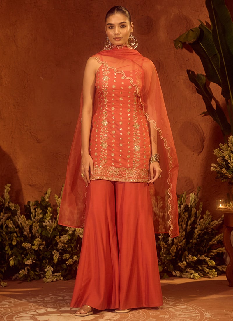 Regal Orange Viscose Chanderi Embroidered Sequins Palazzo Suit Festive Wear