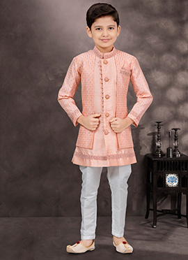 Regal Peach Banarasi Silk Sequins Indowestern Sherwani For Special Moments