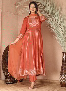 Regal Peach Rayon Gota Anarkali Suit With Complementary Dupatta