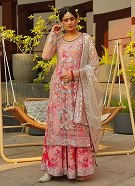 Regal Peach Thread Sequins Digital Print Silk Anarkali And Net Dupatta Festive Wear