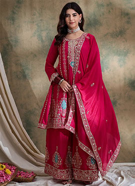 Regal Pink Chinon Embroidered Pakistani Palazzo Suit