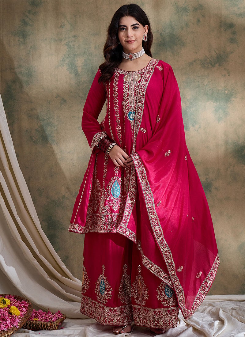 Regal Pink Chinon Embroidered Pakistani Palazzo Suit Festive Wear