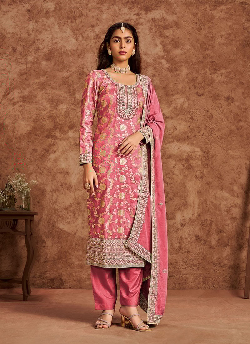 Regal Pink Jacquard Silk Straight Pant Suit With Zari Sequins Accents Festive Wear