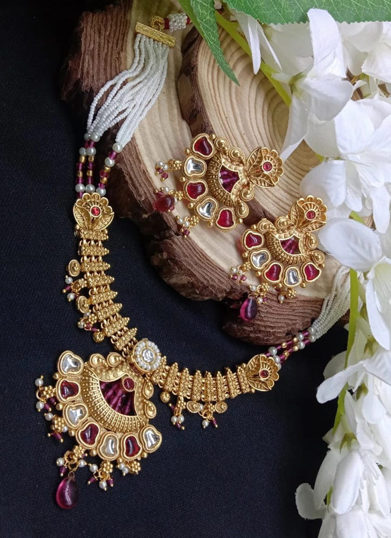 Regal Pink Kundan Beads Pearl Classy Necklace Set Wedding Wear