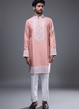 Regal Pink Silk Embroidered With Mirror Work Kurta Pyjama