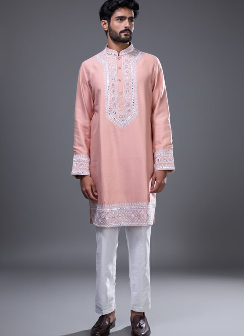Regal Pink Silk Embroidered With Mirror Work Kurta Pyjama Festive Wear