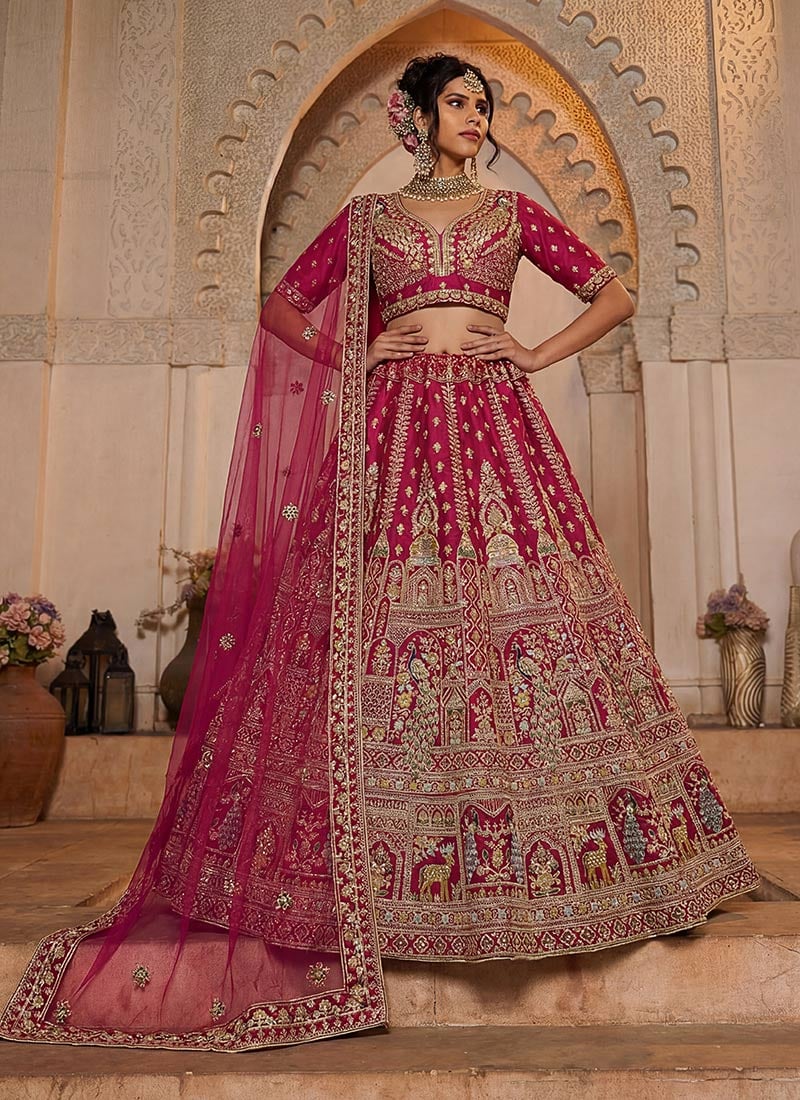 Regal Pink Silk Lehenga Set With Zari Embroidery And Sequins Work Wedding Wear