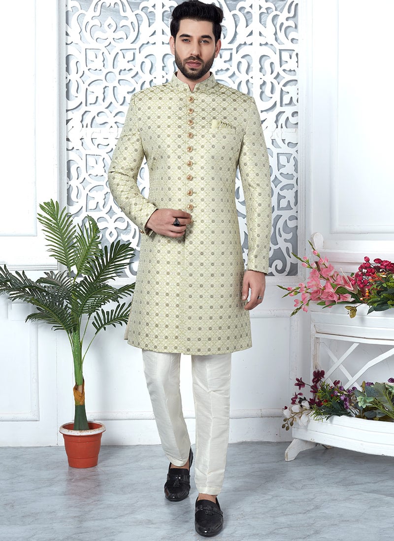 Regal Pista Green Jacquard Silk Indowestern Sherwani Party Wear