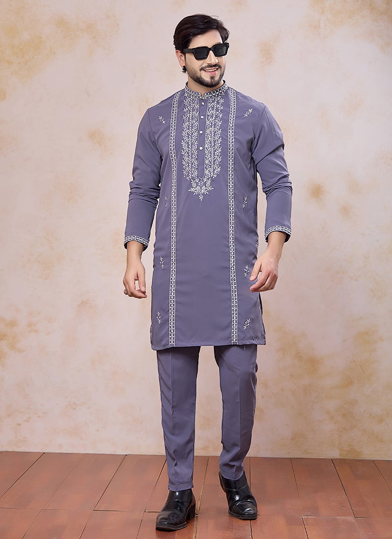 Regal Purple Armani Embroidered Thread Mirror Work Kurta Pyjama Festive Wear