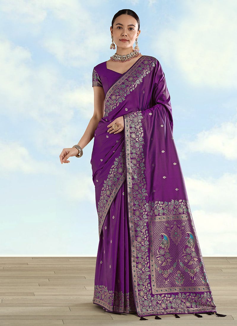 Regal Purple Banarasi Satin Silk Zari Woven Saree Festive Wear