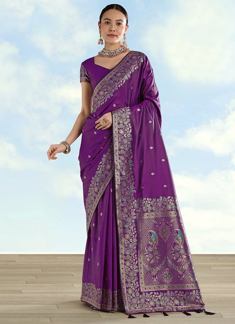 Regal Purple Banarasi Satin Silk Zari Woven Saree Festive Wear