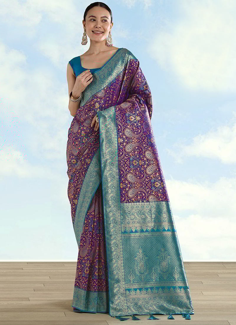 Regal Purple Banarasi Silk Paisley Zari Woven Saree Festive Wear