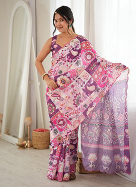 Regal Purple Chinon Mirror Work Printed Saree