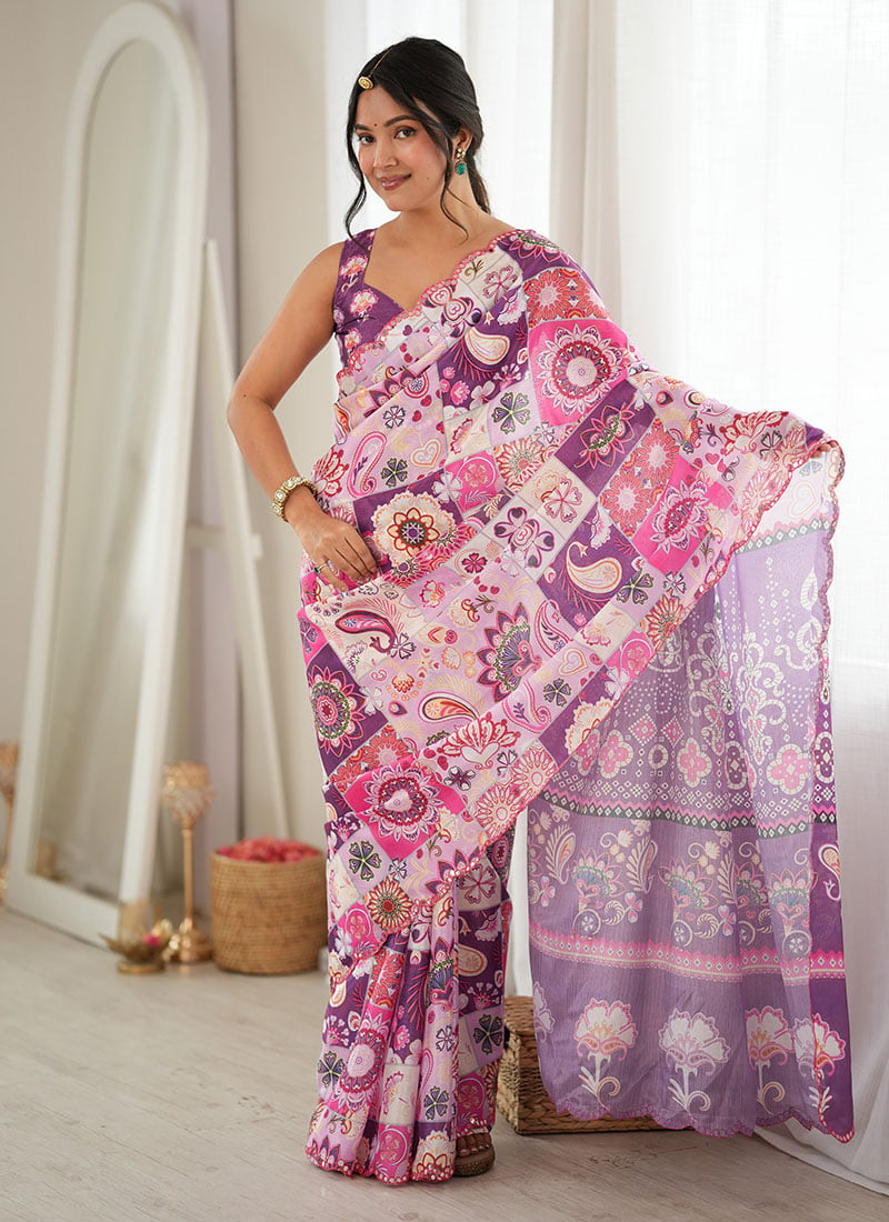 Regal Purple Chinon Mirror Work Printed Saree After Six Wear