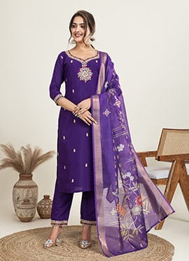 Regal Purple Cotton Embroidery Sequence Work Straight Pant Suit
