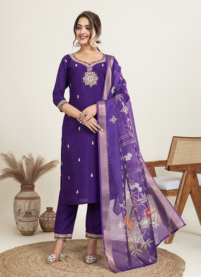 Regal Purple Cotton Embroidery Sequence Work Straight Pant Suit Festive Wear