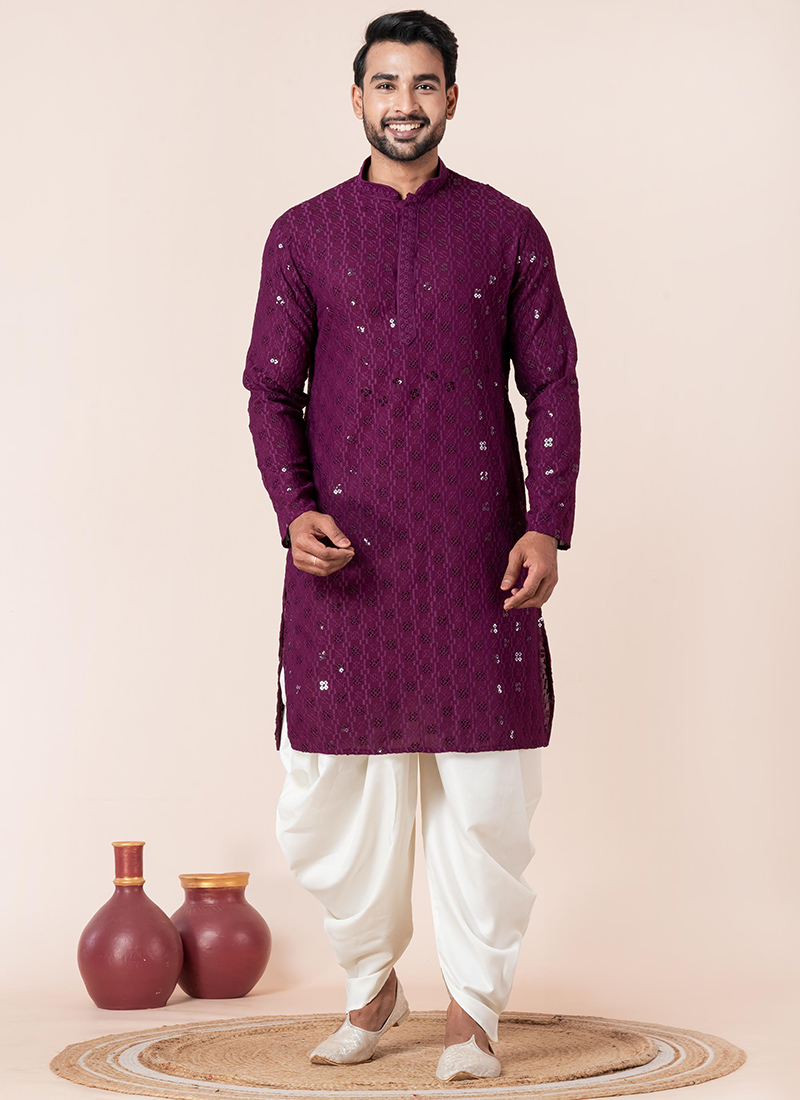 Regal Purple Cotton Silk Embroidered Kurta Pyjama Festive Wear