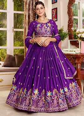 Regal Purple Crepe Silk Heavy Embroidery Sequence Thread Work Umbrella Lehenga
