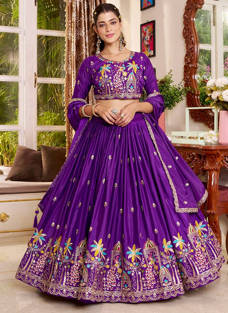 Regal Purple Crepe Silk Heavy Embroidery Sequence Thread Work Umbrella Lehenga Wedding Wear