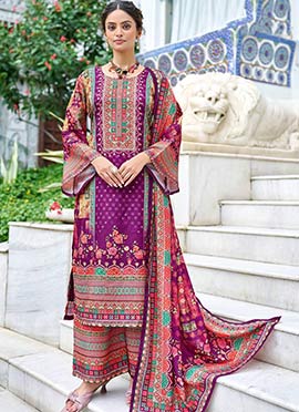 Regal Purple Crepe Silk Mirror Work Digital Print Palazzo Suit