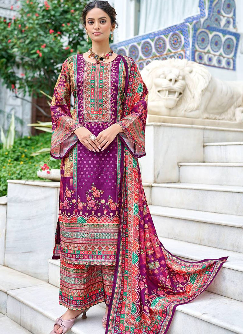 Regal Purple Crepe Silk Mirror Work Digital Print Palazzo Suit Festive Wear
