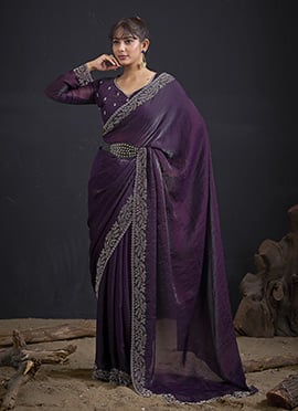 Regal Purple Fandy Satin Silk Two Tone Tikki Work Hand Embroidery Saree