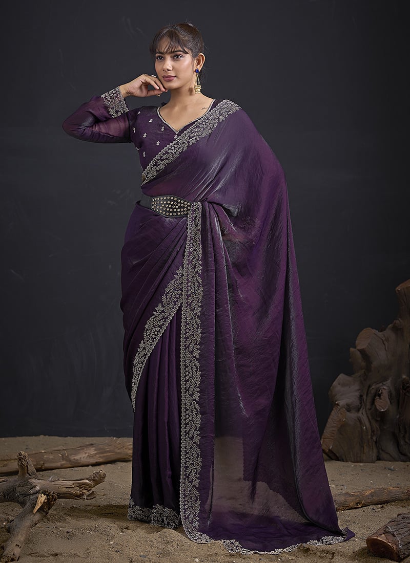 Regal Purple Fandy Satin Silk Two Tone Tikki Work Hand Embroidery Saree After Six Wear