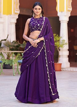 Regal Purple Fendy Silk Sequence Thread Embroidery Work Umbrella Lehenga