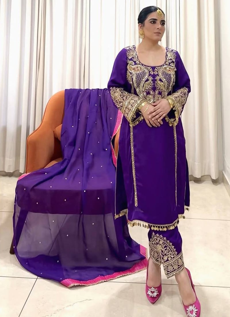 Regal Purple Georgette Embroidered Sequins Straight Pant Suit After Six Wear