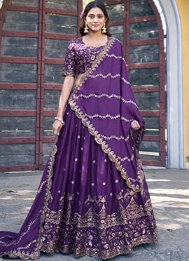 Regal Purple Georgette Zari Sequins Embroidered Resham Umbrella Lehenga