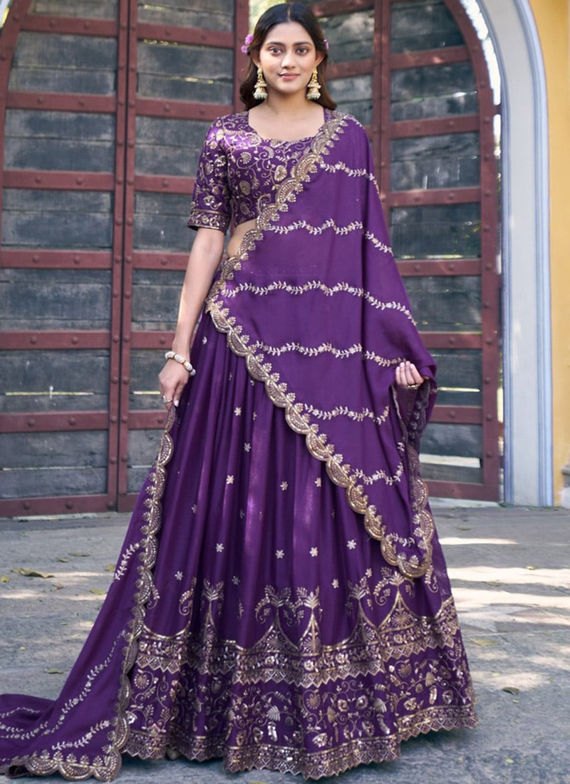 Regal Purple Georgette Zari Sequins Embroidered Resham Umbrella Lehenga Wedding Wear