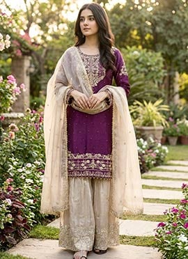 Regal Purple Organza Silk Zari Thread Embroidered Sharara Suit