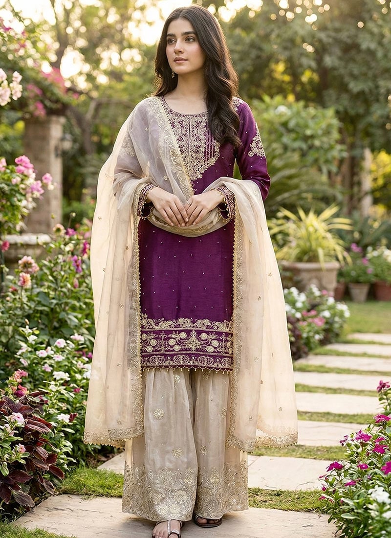 Regal Purple Organza Silk Zari Thread Embroidered Sharara Suit Festive Wear