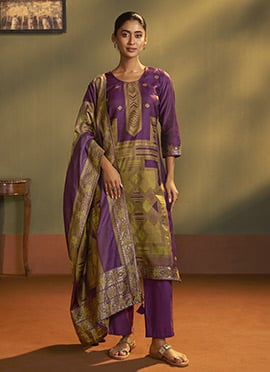 Regal Purple Silk Jacquard Straight Pant Suit