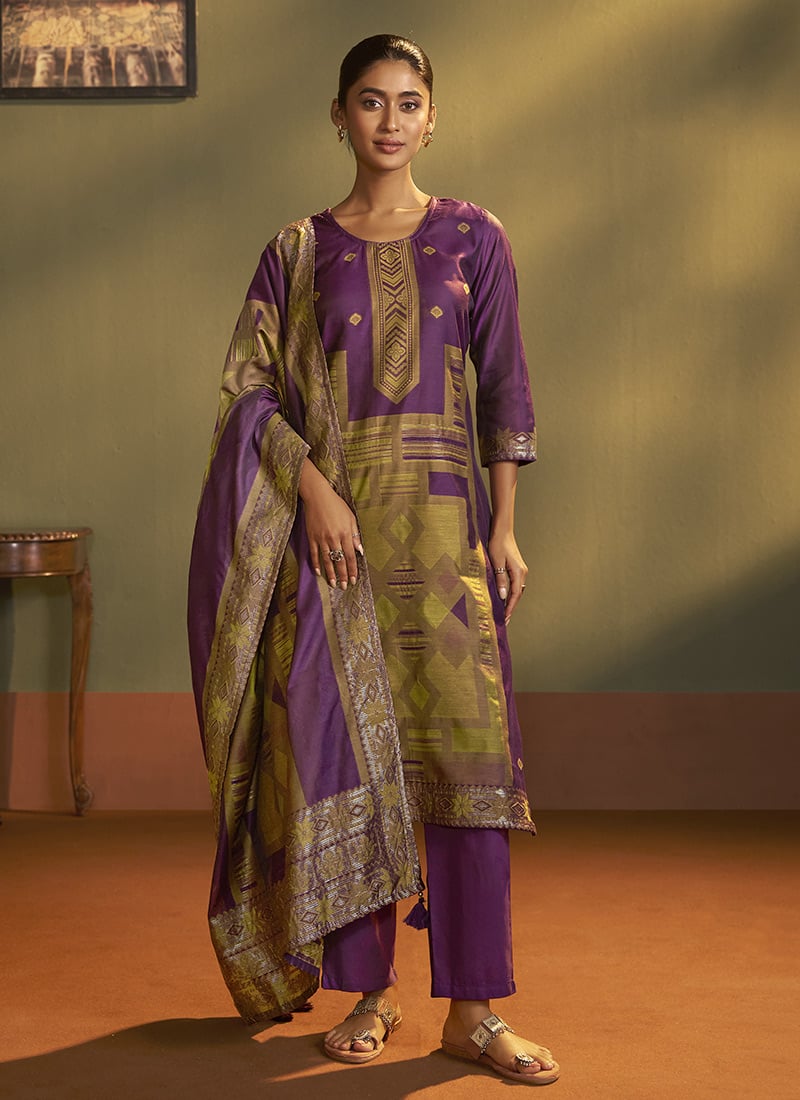 Regal Purple Silk Jacquard Straight Pant Suit After Six Wear